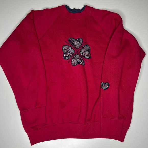 Vintage 90s Fruit of the Loom Red Sweatshirt XL USA Made Paisley Heart Patchwork - Picture 1 of 10